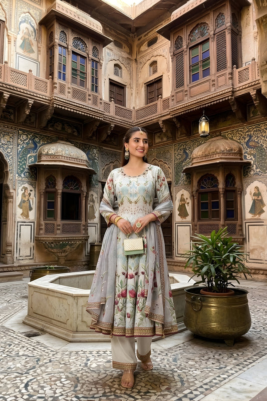Graceful Off-White Satin Silk Digital Printed Anarkali Suit with Dupatta for Women