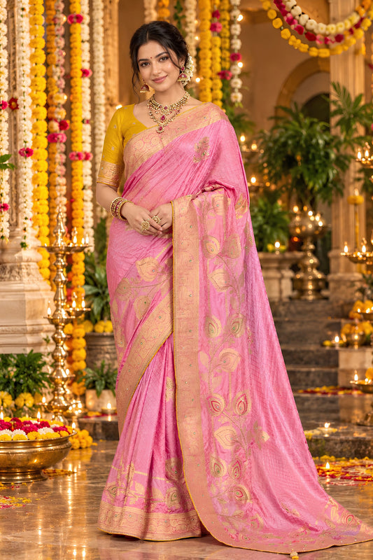 Charming Pink Dola Silk Saree Handwork, Cut Dana Work Weaving Work for Women