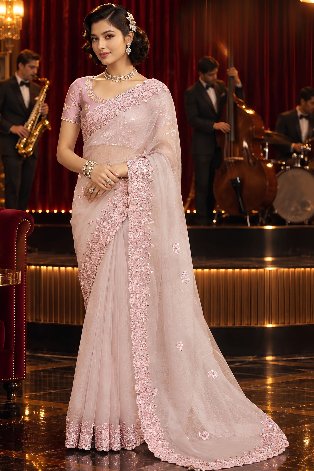 Elegant Light Pink Fancy Tissue Organza Net Sequin Embroidery Work Saree for Women