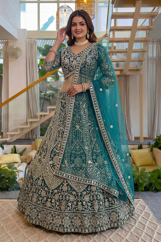Delicate Teal Green Butterfly Net Heavy Embroidered Lehenga Choli with Dupatta for Women