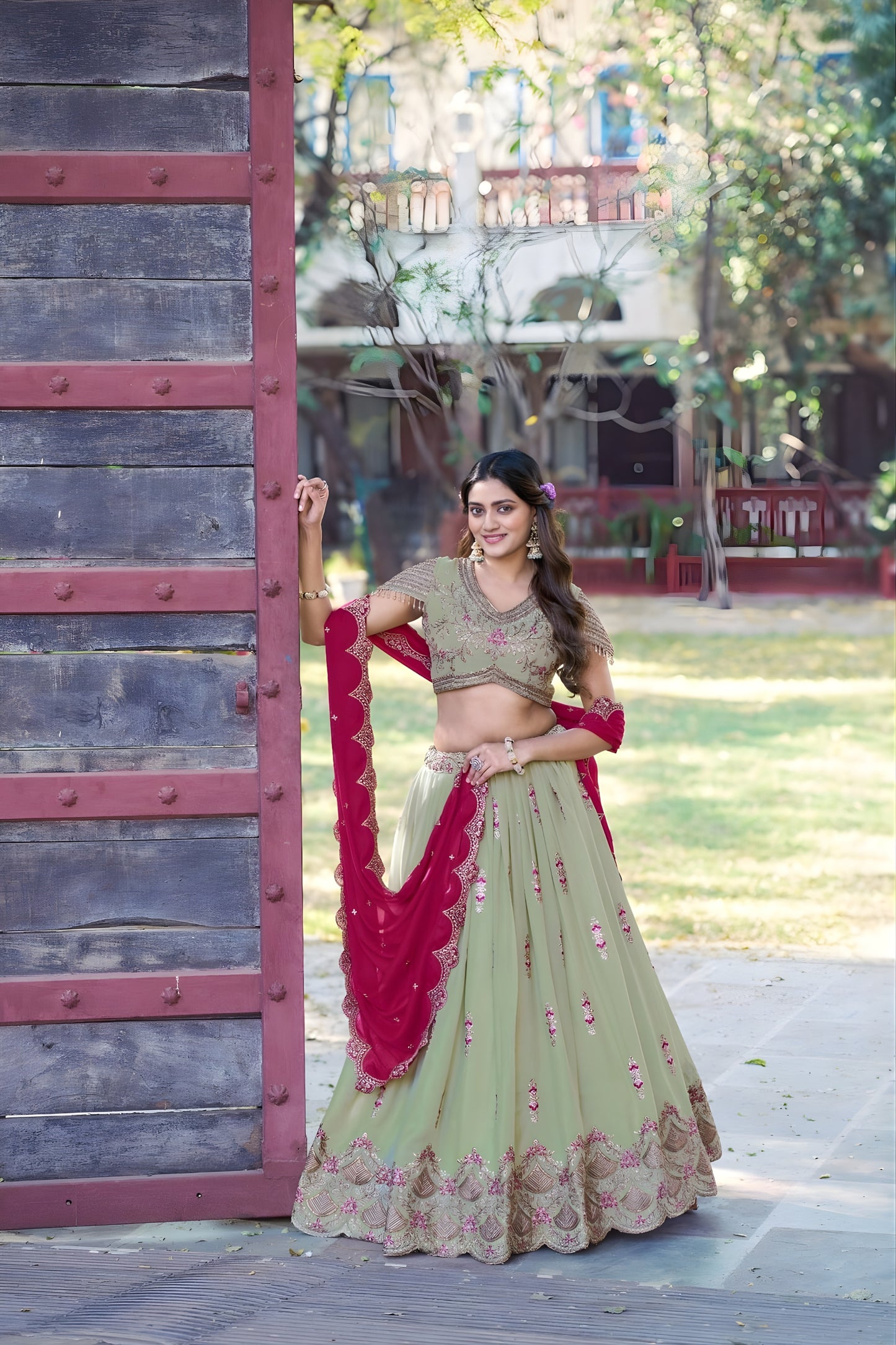 Stylish Pista Green Embroidered Georgette Lehenga Choli with Pink Dupatta for Women