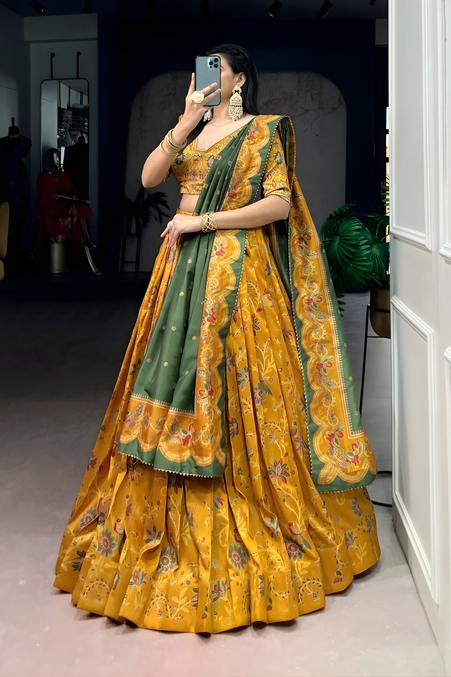 Admiring Mustard Yellow Foil Printed Tassar Silk Lehenga Choli with Green Dupatta for Women