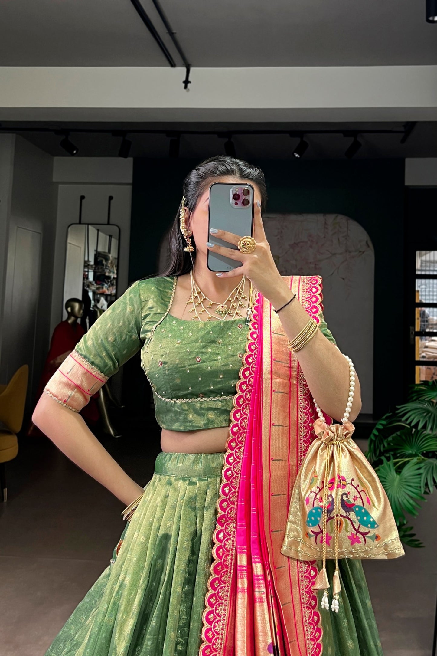 Graceful Olive Green Shimmer Organza Lehenga Choli with Designer Dupatta for Women