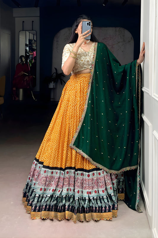 Mustard Yellow Printed Lehenga Set with Embroidered Blouse