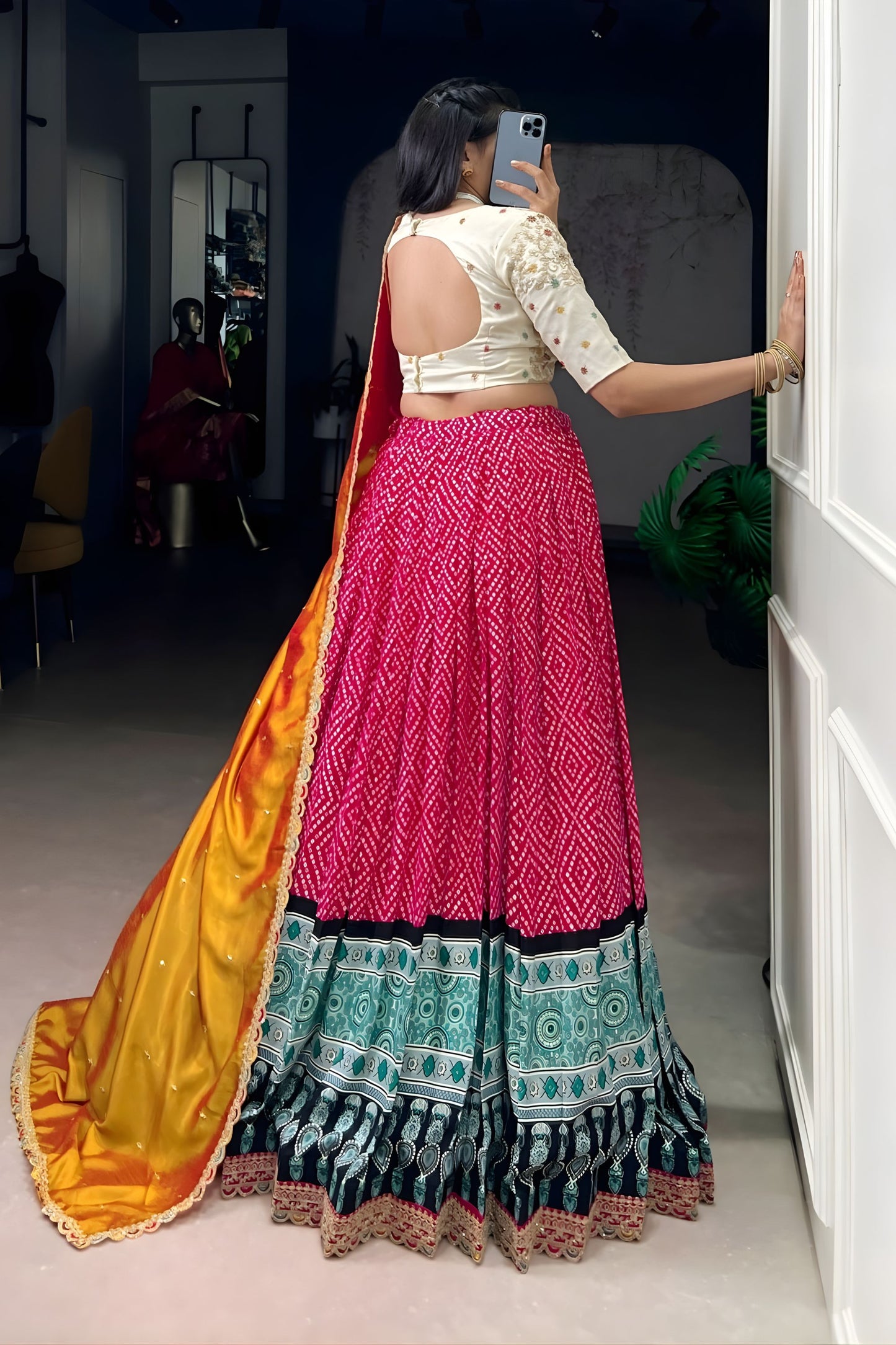 Rani Pink Printed Lehenga Set with Embroidered Blouse