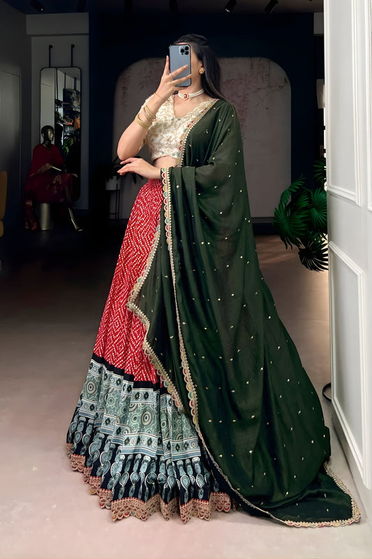 Rani Red Printed Lehenga Set with Embroidered Blouse End Dupatta