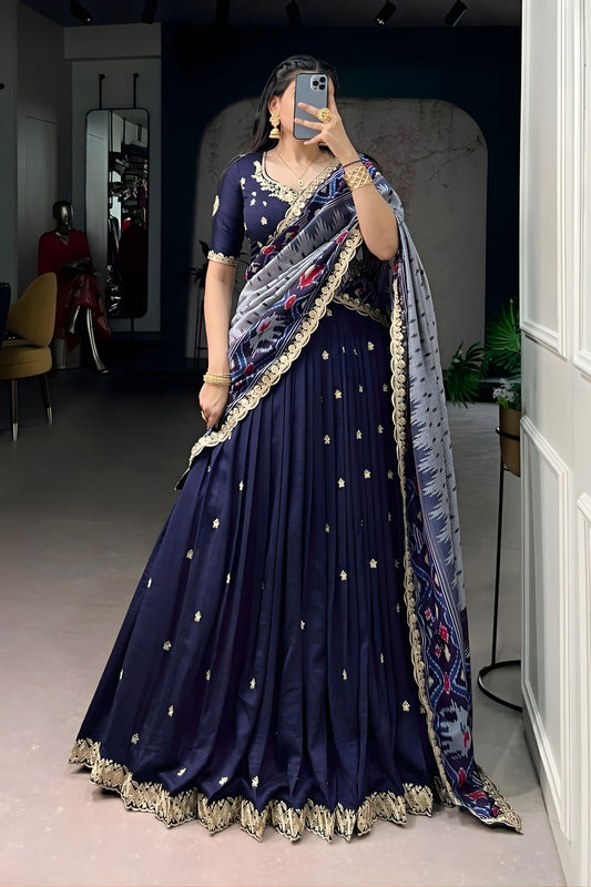 Navy Blue Embroidered Lehenga Set with Designer Printed Dupatta