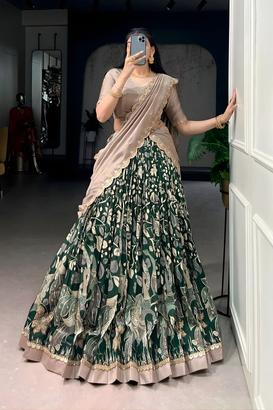 Bottle Green Floral Printed Lehenga Set Embroidered Dupatta