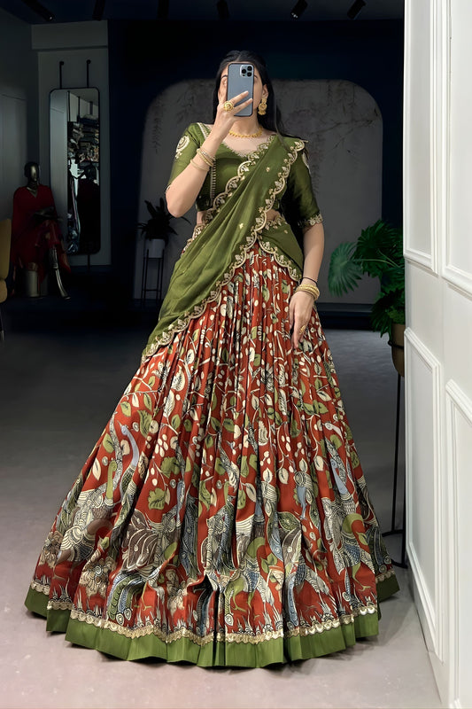 Rust Orange Floral Printed Lehenga Embroidered Dupatta