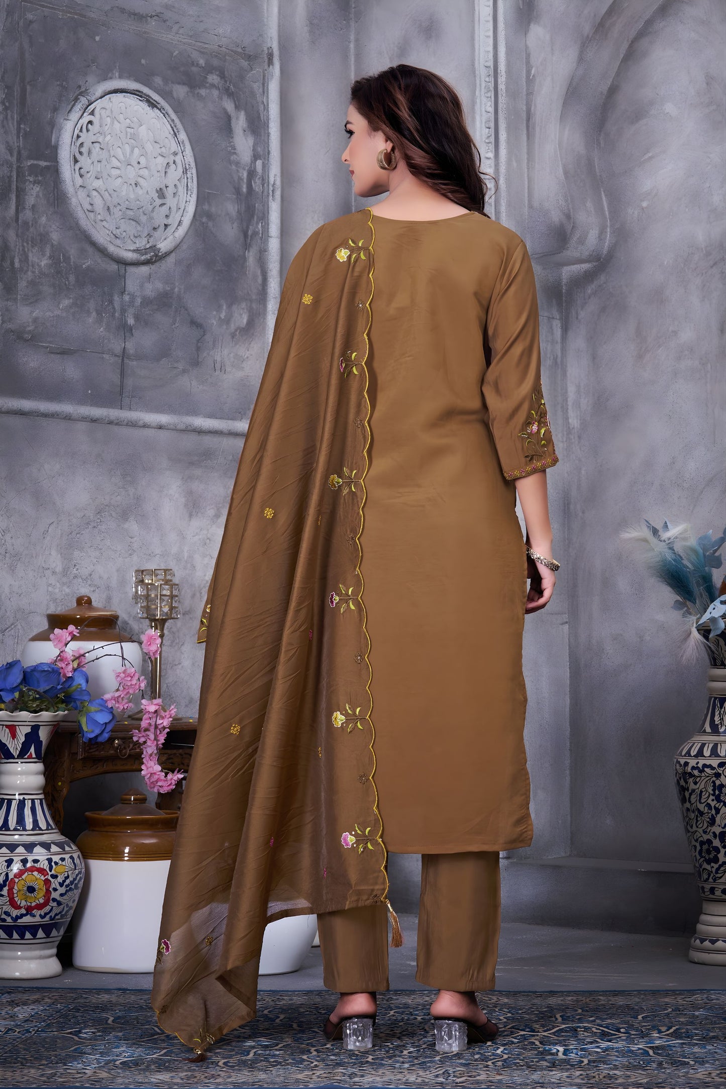 Elegant Coffee Brown Embroidered Straight Salwar Suit Designer Dupatta