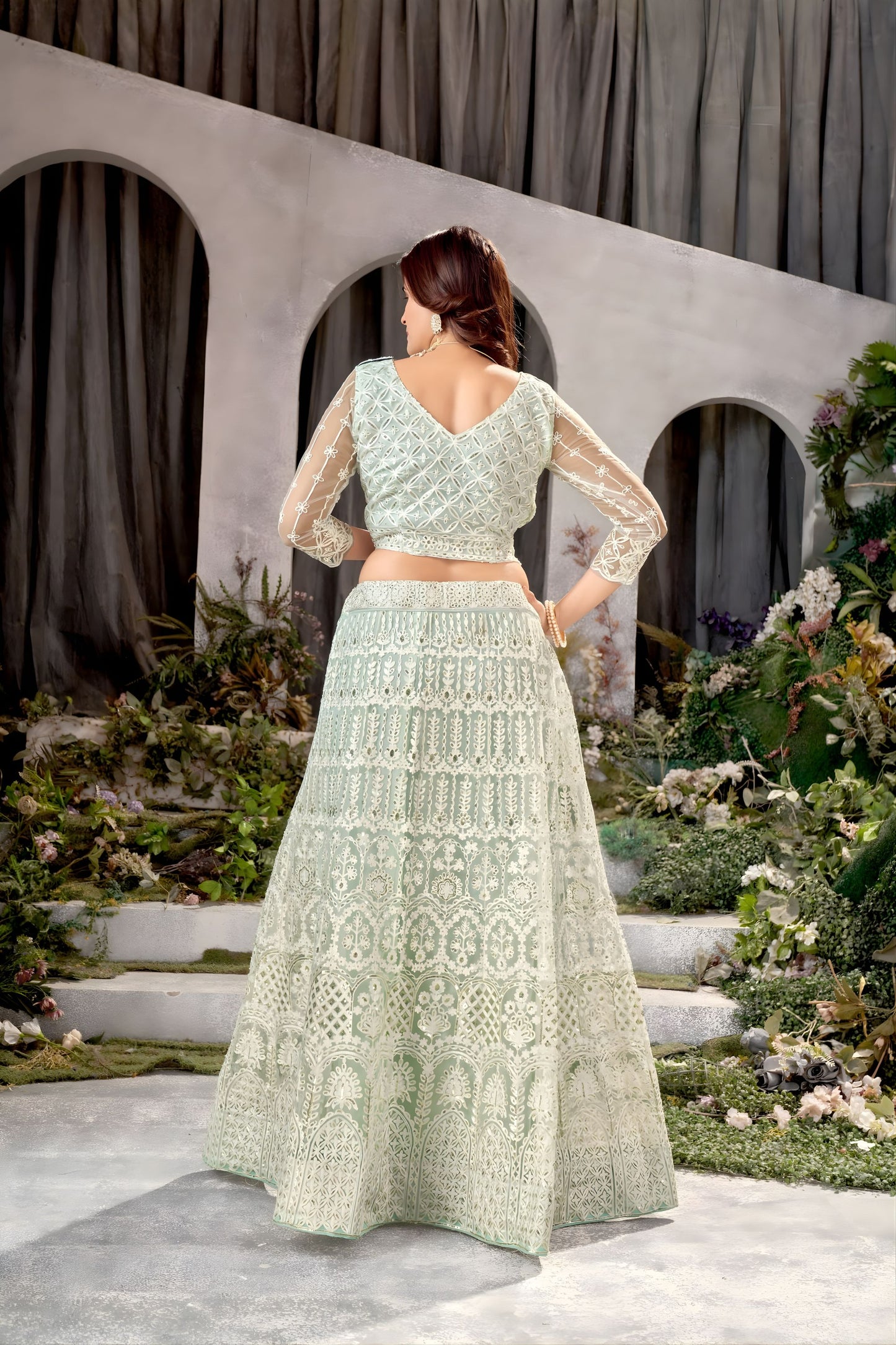Beautiful Mint Green Heavy Embroidered Lehenga Choli Designer Net Dupatta