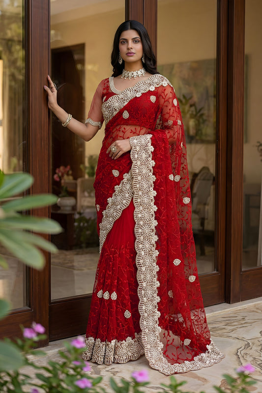 Luxury Red Butterfly Net Heavy Embroidered Saree Blouse Piece Wedding
