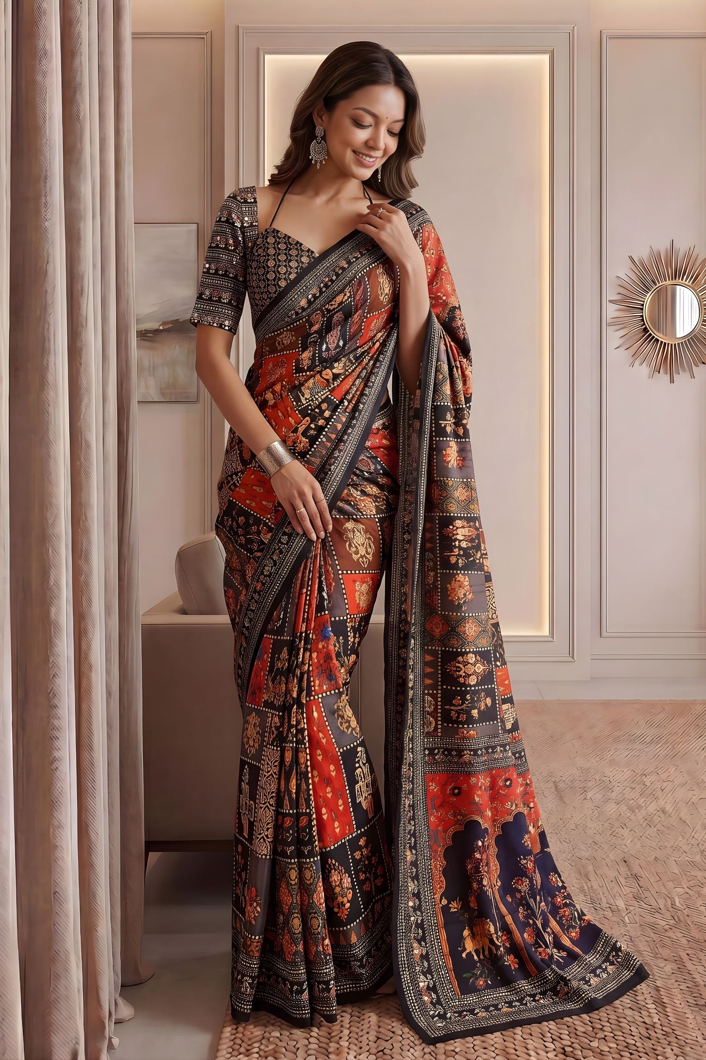 Elegant Multicolor Chinon Digital Printed Saree Blouse Piece for Party Wear