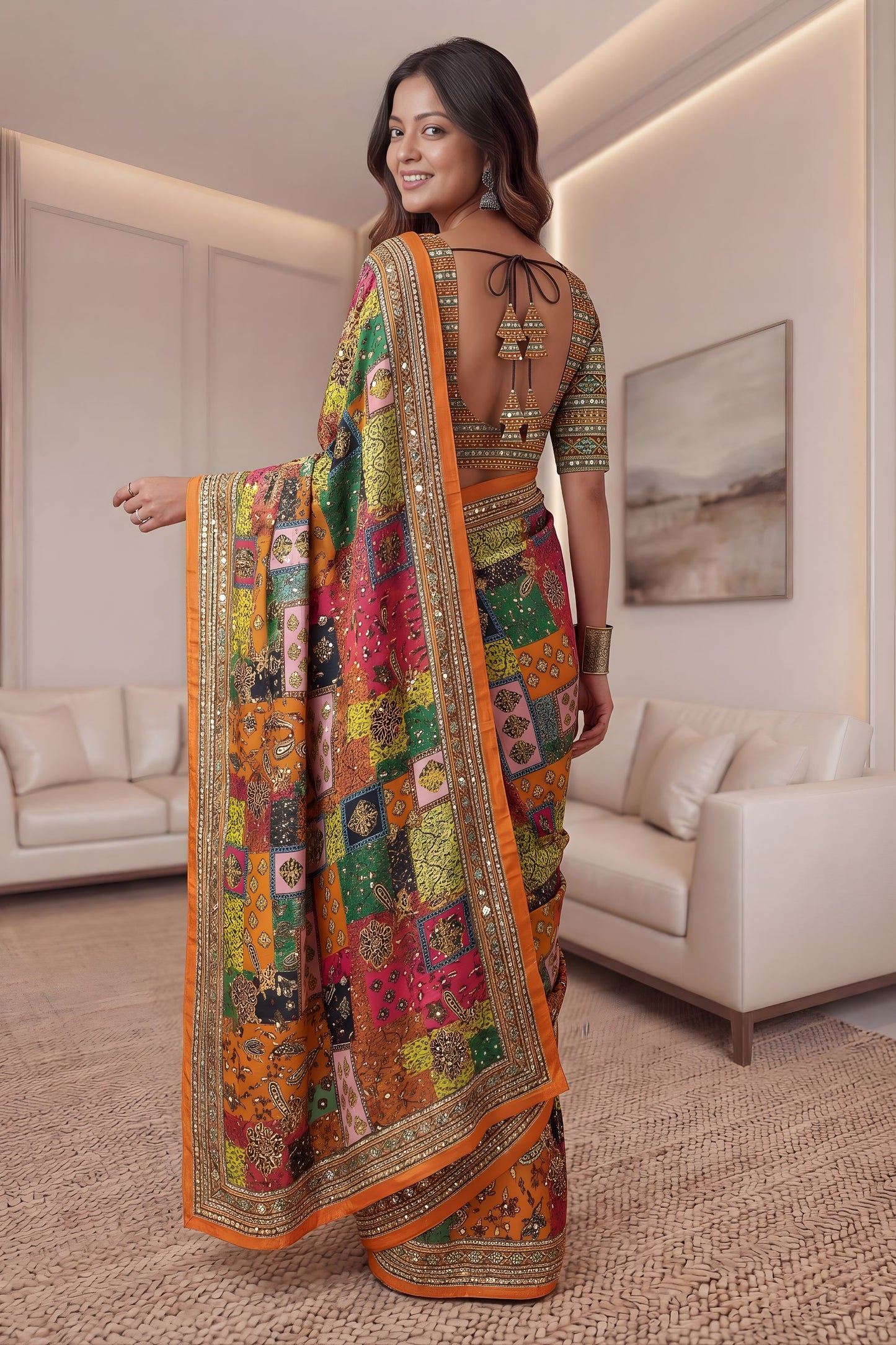 Elegant Multicolor Chinon Digital Printed Saree Blouse Piece for Party Wear