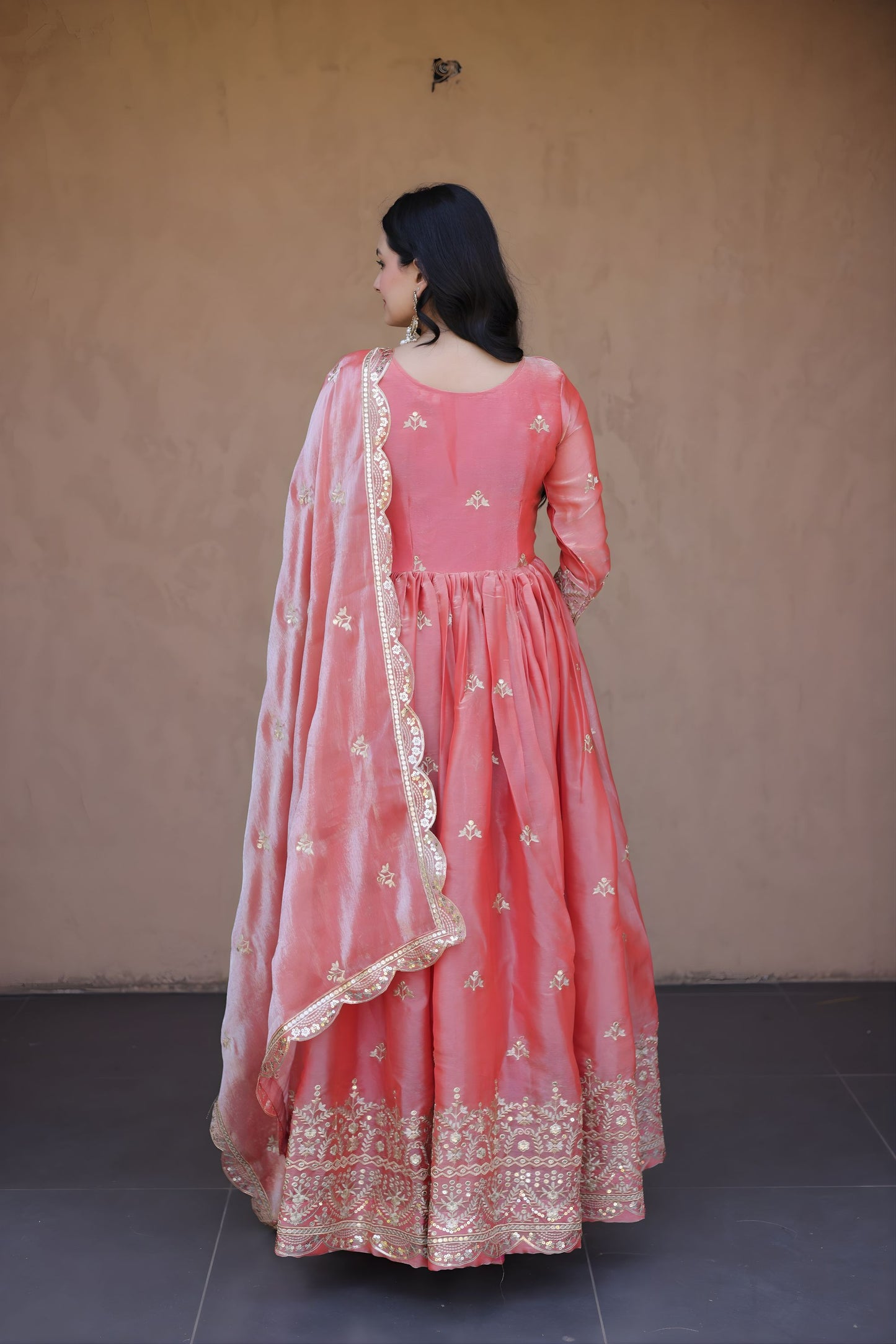 Royal Peach Pink Silk Designer Gown Embroidered Dupatta for Wedding