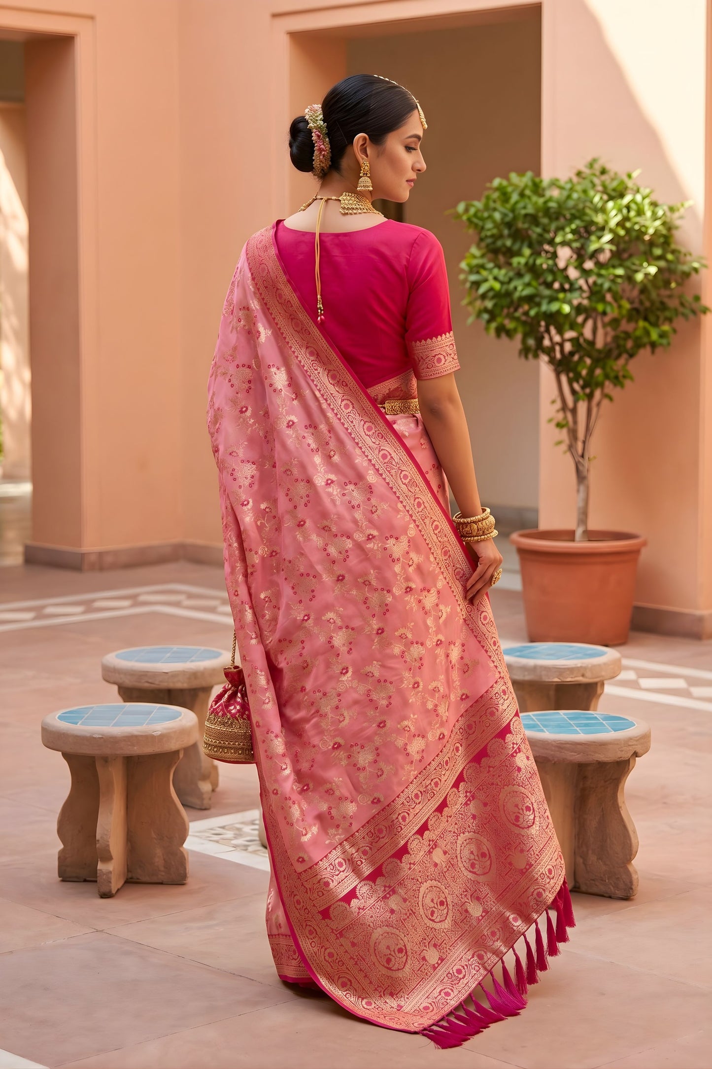 Beautiful Baby Pink Soft Banarasi Silk Saree Weaving Meenakari Design