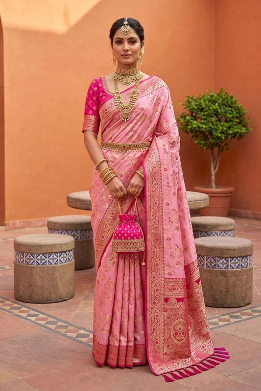Beautiful Pink Soft Banarasi Silk Saree Zari Weaving Meenakari Work for Women