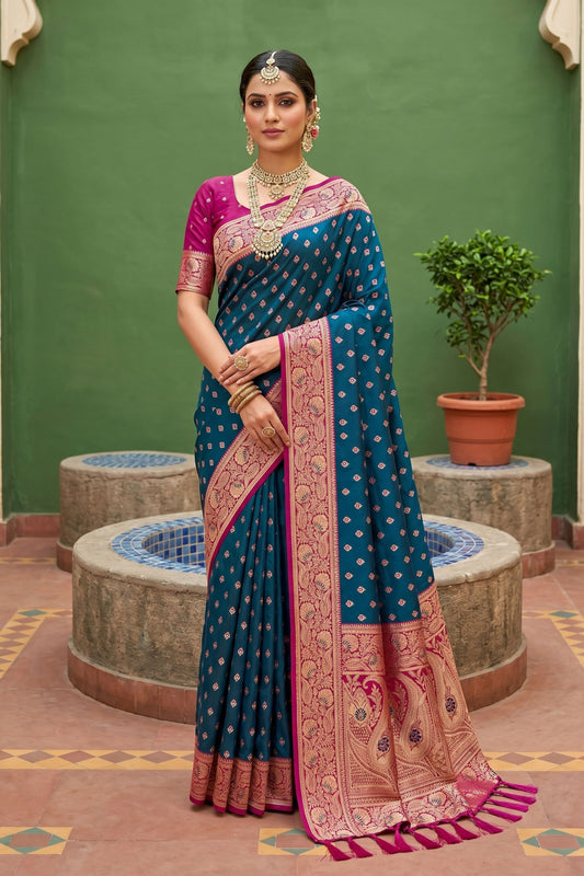 Stylish Teal Blue Soft Silk Saree with Zari Weaving Meenakari Motifs Design for Wedding