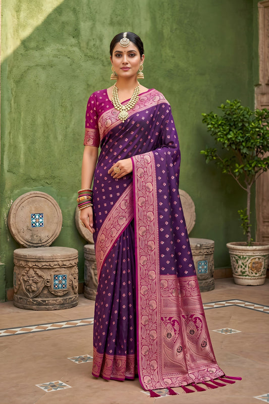 Gracefull Purple Soft Silk Saree Zari Weaving Meenakari Motifs for Wedding