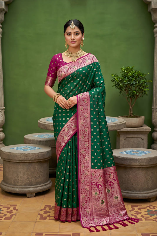 Gracefull Green Soft Silk Saree Zari Weaving Meenakari Motifs for Wedding