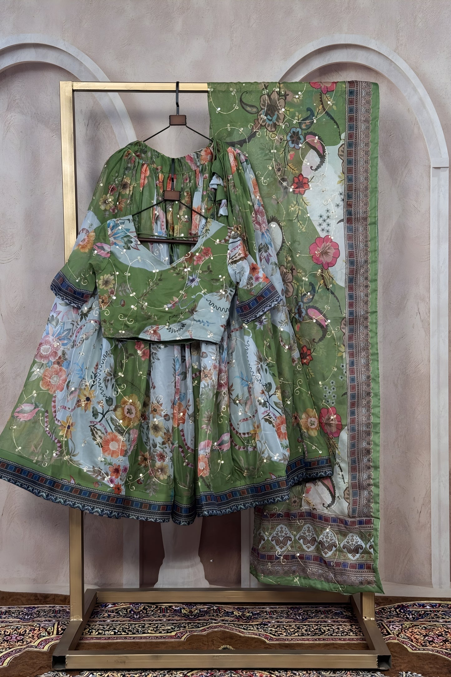 Stylish Olive Green Floral Digital Printed Tabby Silk Designer Lehenga Choli with Matching Dupatta for Wedding
