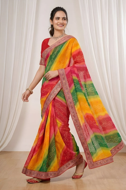 Multicolor Georgette Digital Printed Saree Embroidered Border for Wedding