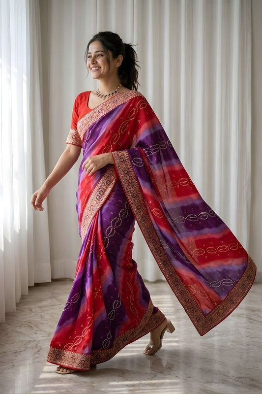 Gracefull Multicolor Georgette Digital Printed Saree Embroidered Border for Wedding