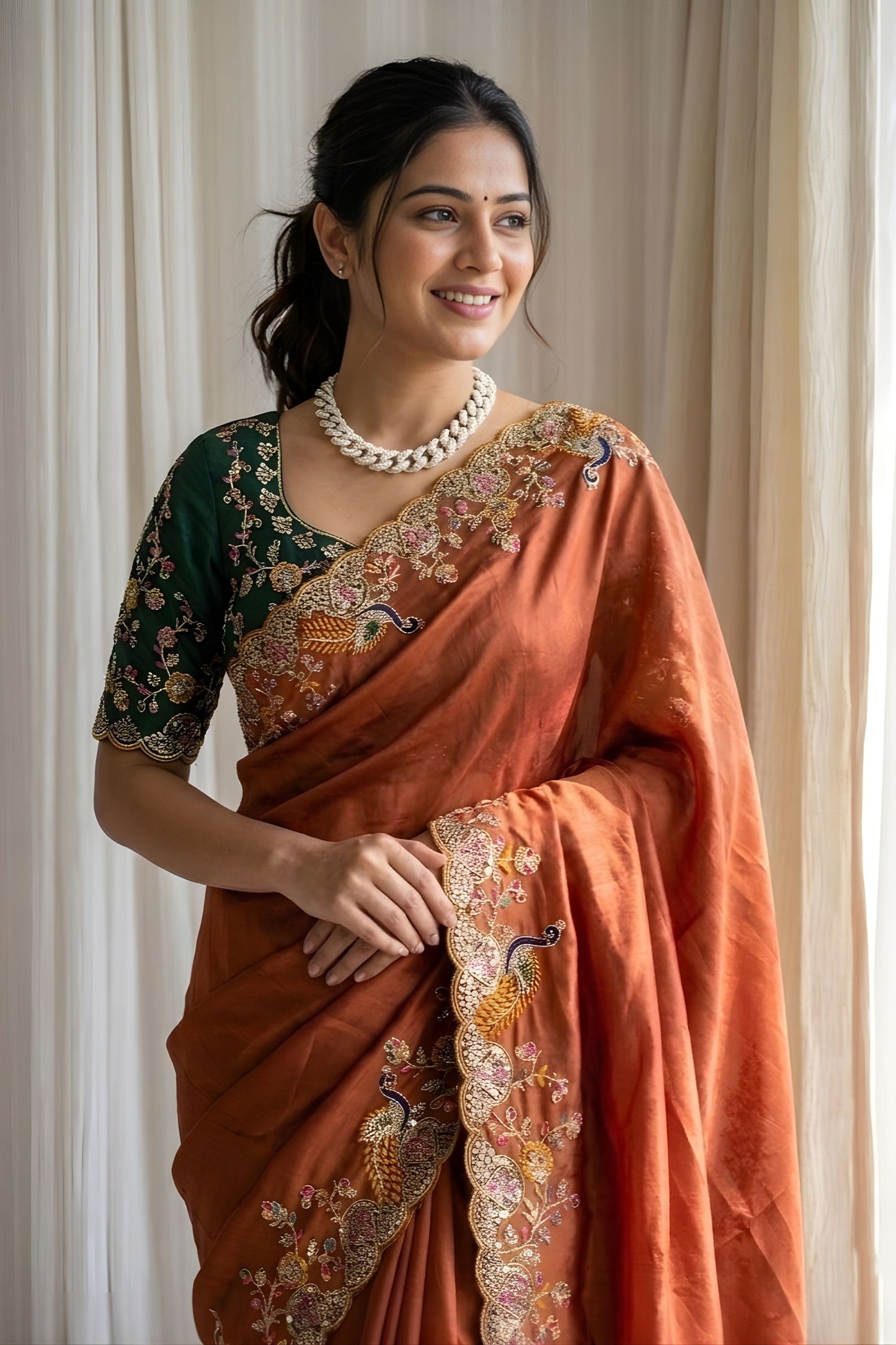 Gracefull Orange Rangoli Silk Saree Embroidered Border for Wedding