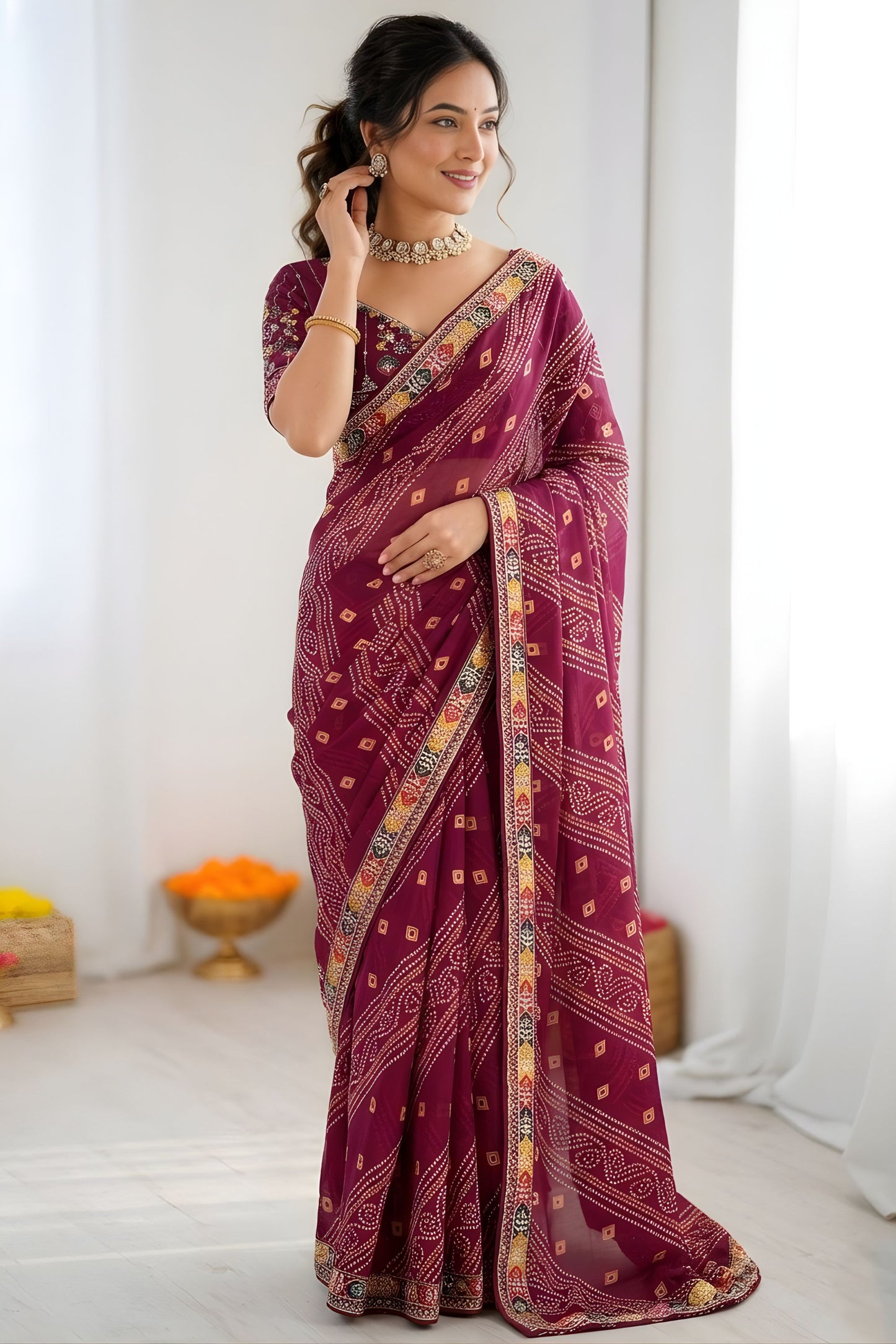Stylish Wine Georgette Bandhani Printed Saree Embroidered Border for Wedding