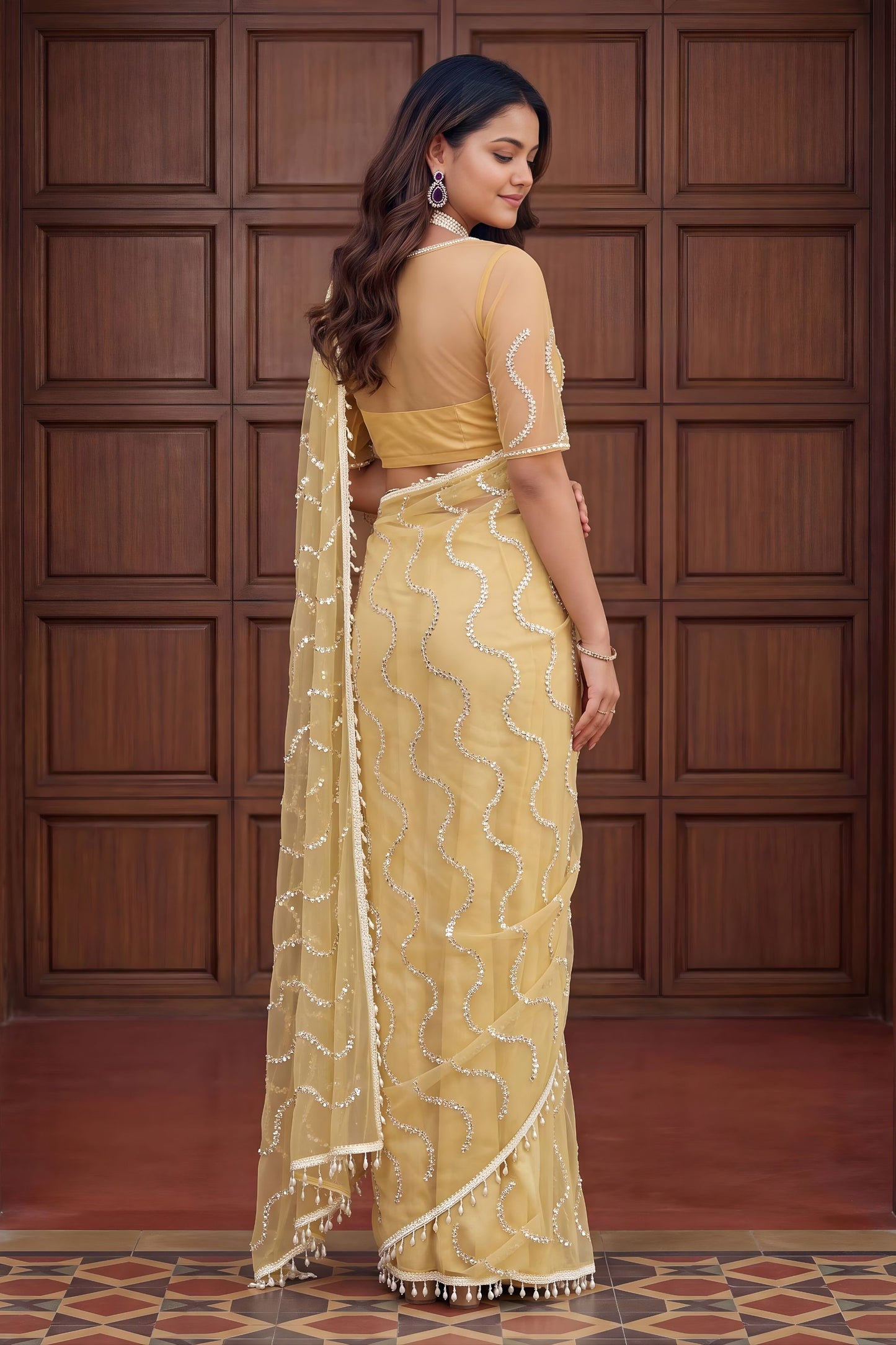 Gracefull Cream Net Embroidered Saree with Sequins Work for Wedding