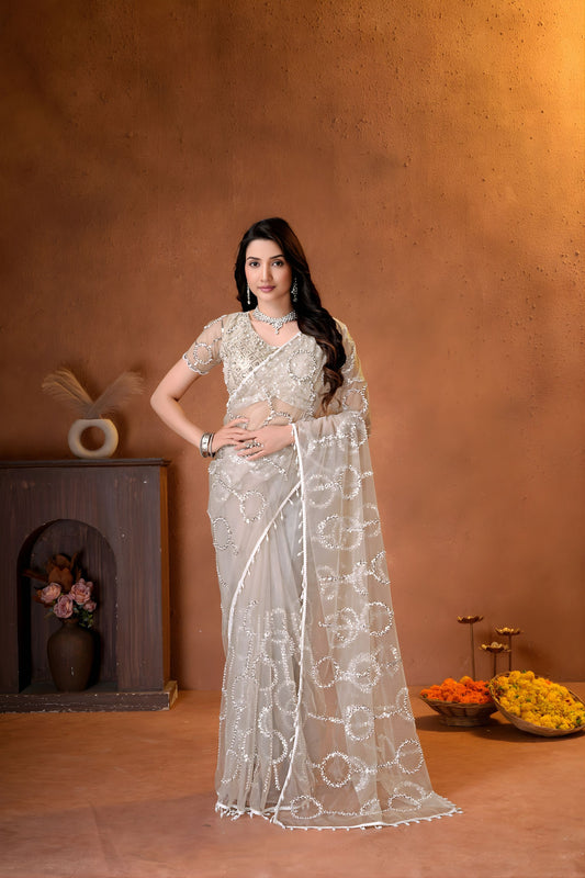Premium Off White Net Saree with Embroidery Work for Wedding