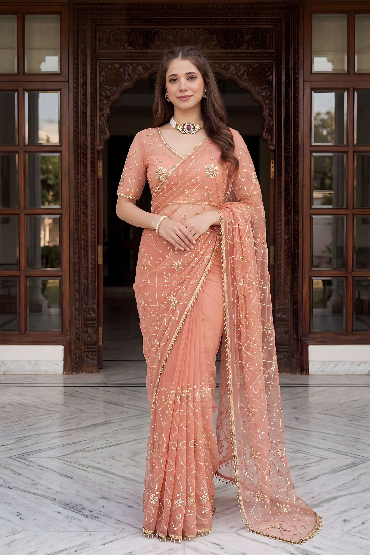 Premium Peach Net Saree Heavy Embroidery Sequins Work for Wedding
