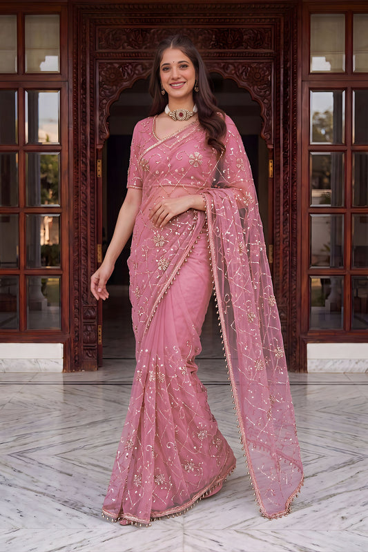 Beautiful Pink Net Designer Saree Sequins Embroidery Work for Wedding