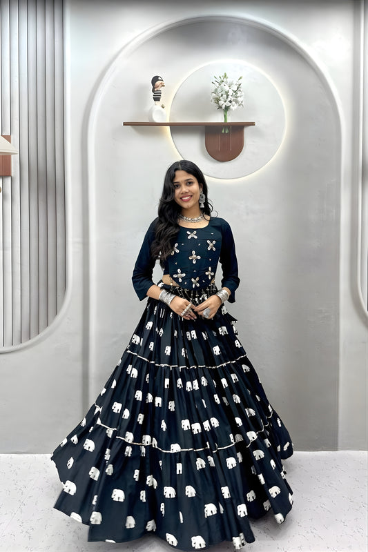 Elegant Black Cotton Navratri Lehenga Choli with Hand Work and Elephant Print Flared Skirt