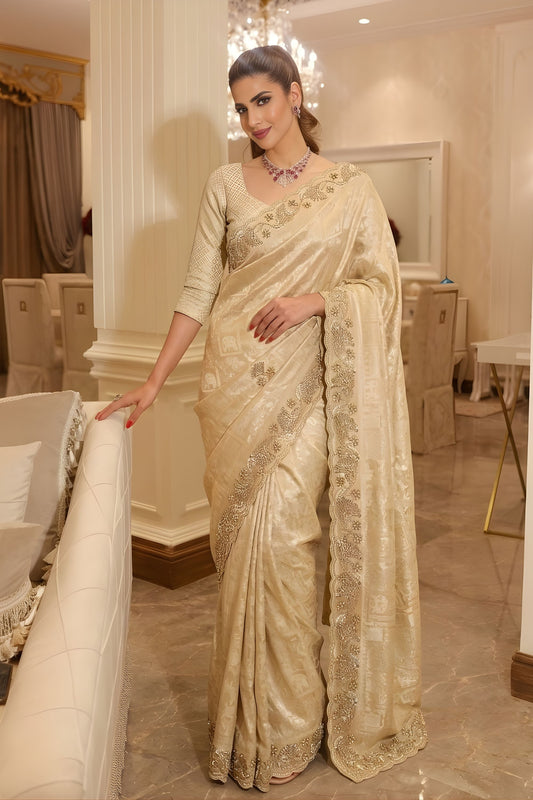 Luxury Gold Pure Kanjivaram Silk Sequins Embroidery Work Saree