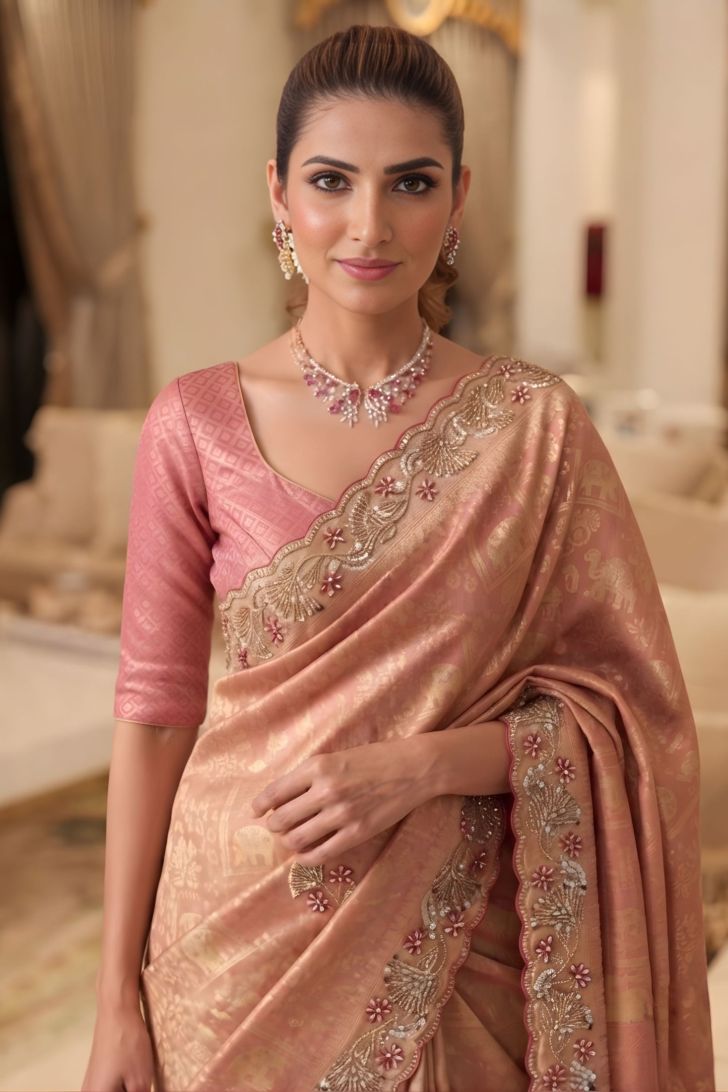 Elegant Rose Gold Pure Kanjivaram Silk Sequin Embroidery Work Saree