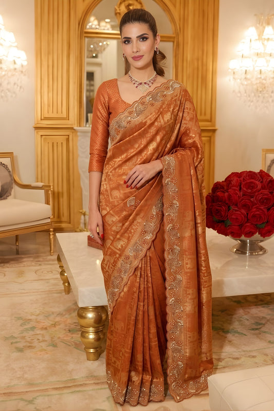 Royal Copper Brown Pure Kanjivaram Silk Sequin Embroidery Work Saree