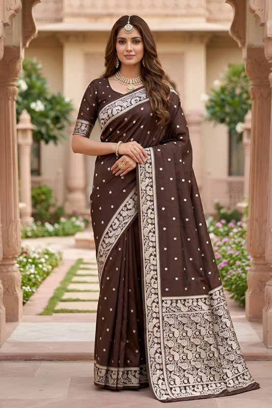 Stylish Chocolate Brown Soft Pure Banarasi Silk Saree Zari Weaving for Women