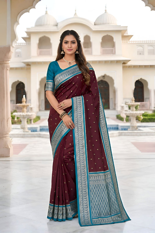 Luxury Wine Soft Pure Banarasi Silk Saree Zari Weaving for Women