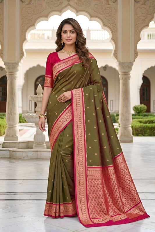 Graceful Olive Green Soft Pure Banarasi Silk Saree Zari Weaving for Women