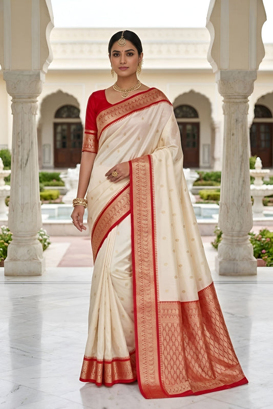 Stylish Off White Soft Pure Banarasi Silk Saree Rich Zari Weaving for Women