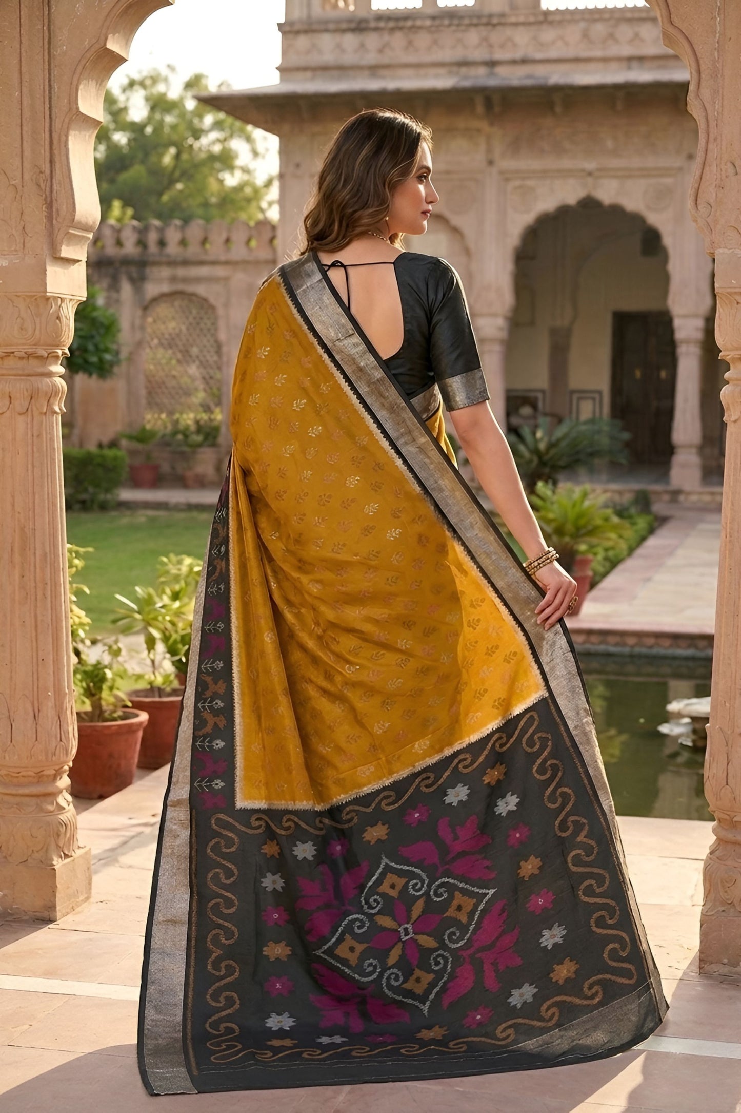 Stylish Mustard Yellow Ikkat Silk Blend Saree Woven Work for Women