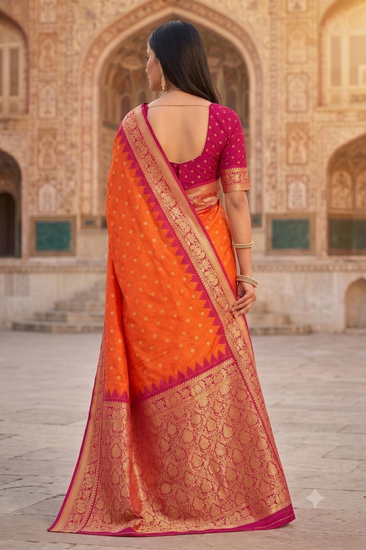 Stylish Orange Banarasi Silk Saree Zari Woven Border for Women