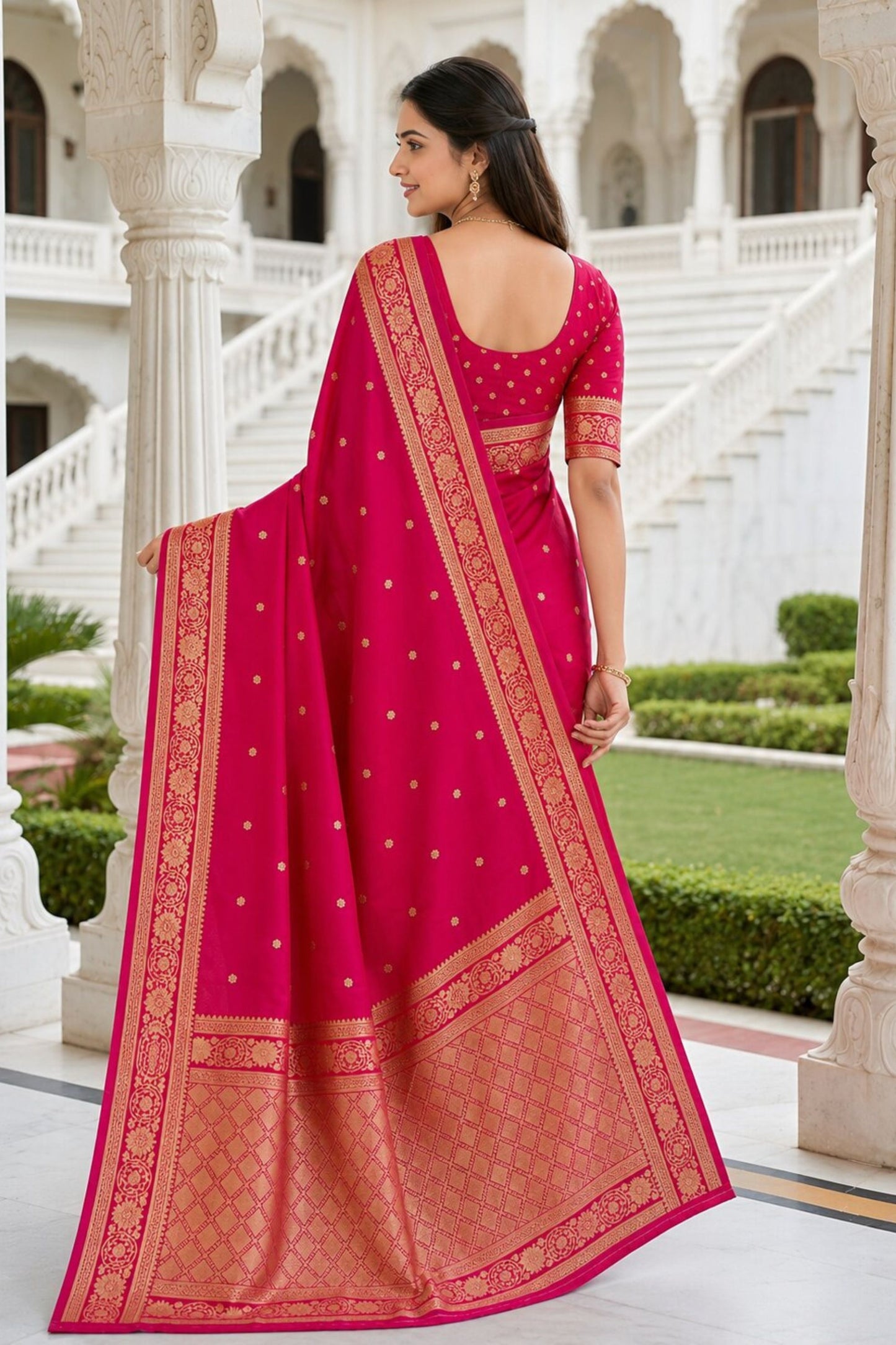 Traditional Rani Pink Banarasi Silk Weaving Saree Border for Women