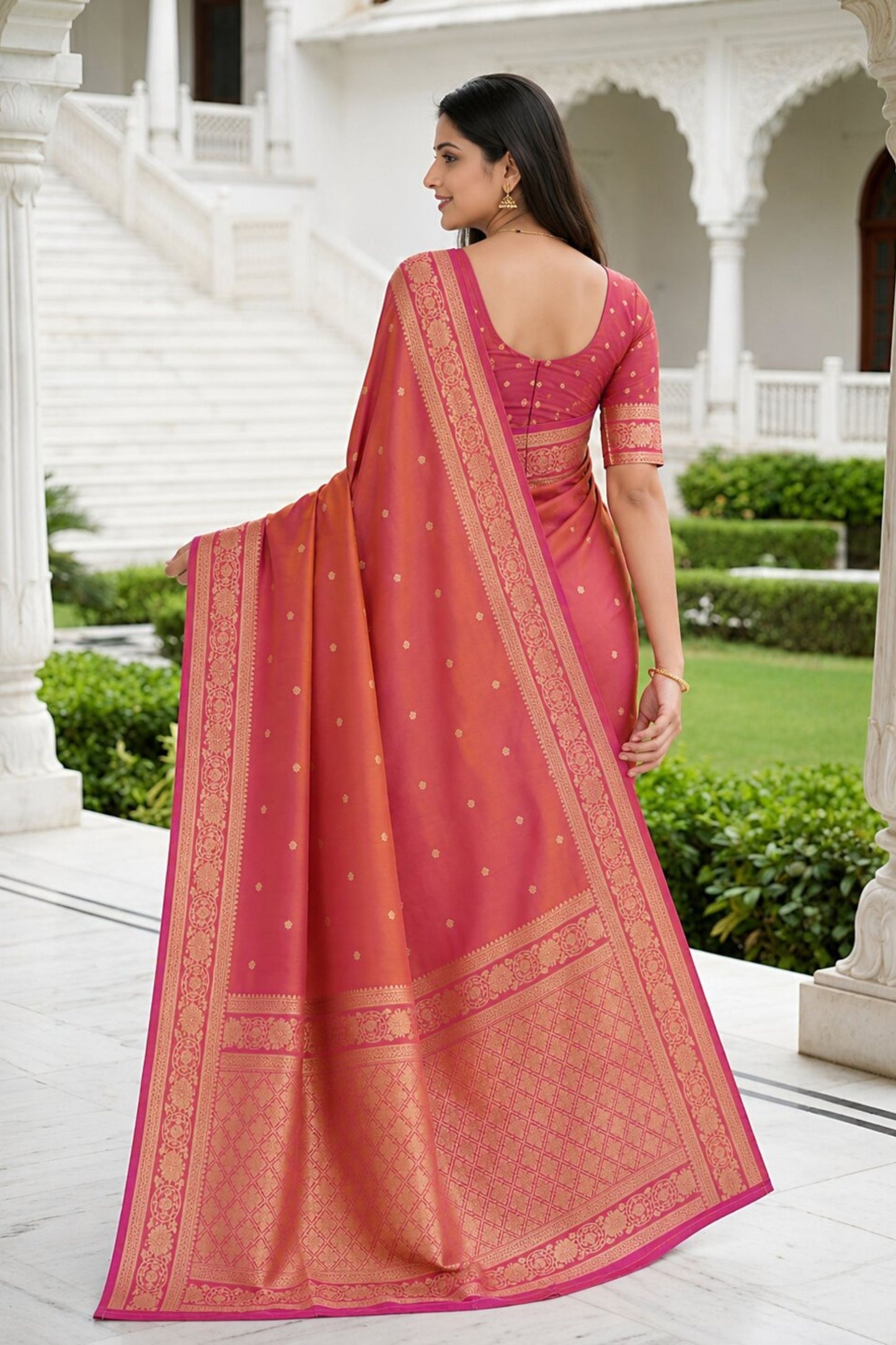 Royal Peach Pink Banarasi Silk Weaving Saree Border for Women