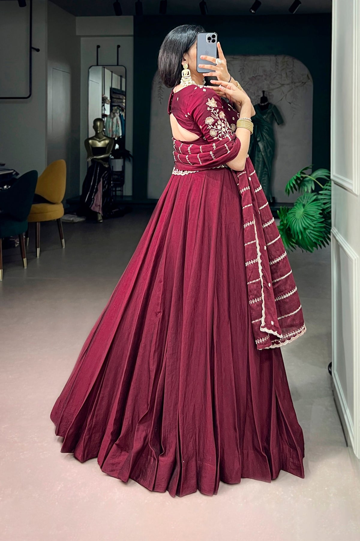 Stunning Wine Maroon Rangoli Crush Embroidered Designer Lehenga Choli Set with Dupatta