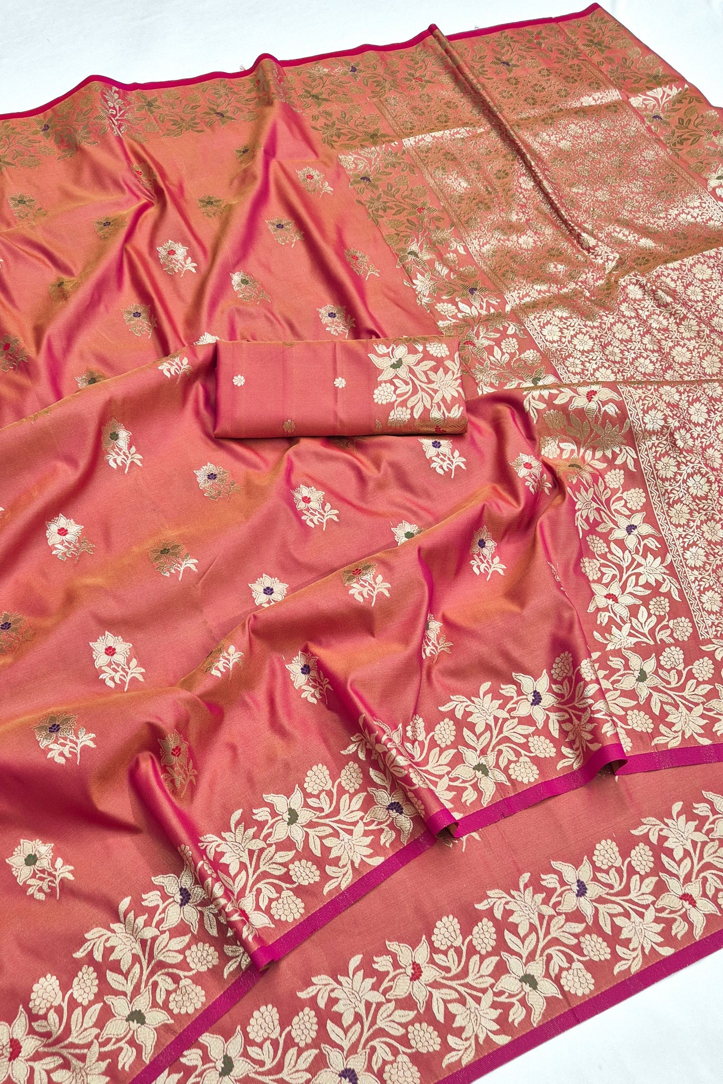 Beautiful Coral Pink Soft Banarasi Silk Zari Butti Weaving Designer Saree