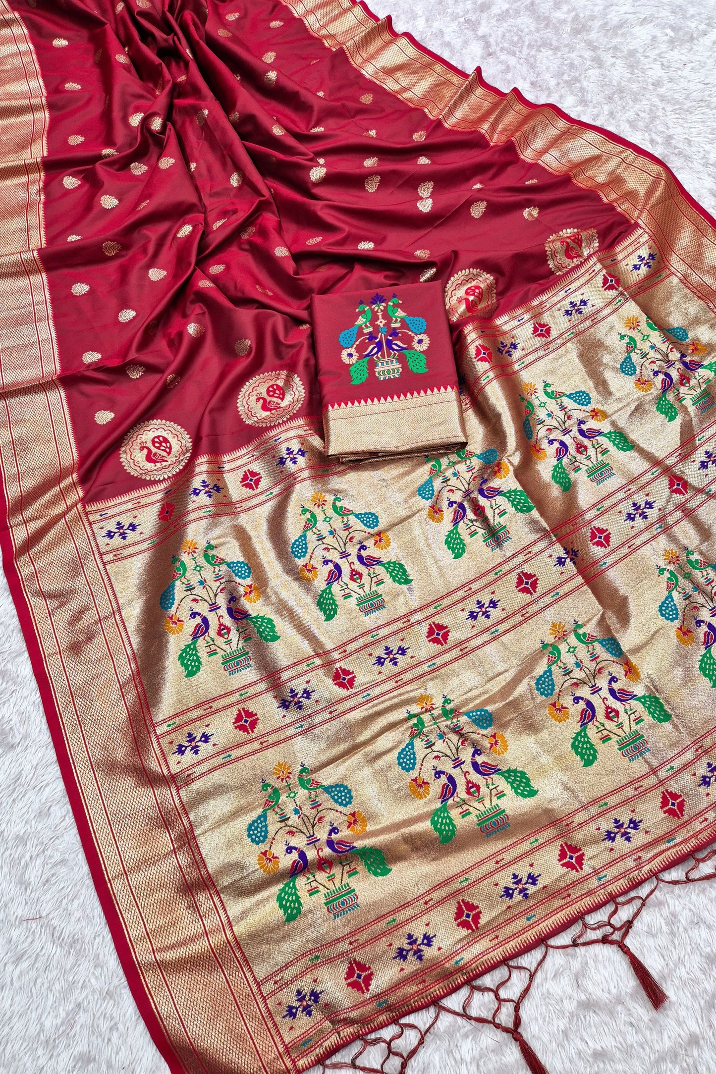 Stylish Maroon Paithani Silk Zari Butti Weaving Designer Saree
