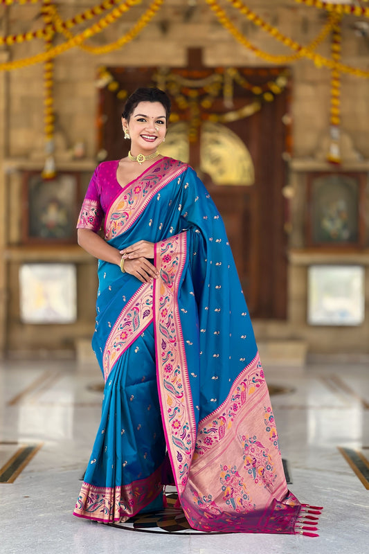 Elegant Blue Soft Paithani Silk Zari Weaving Floral Motifs Meenakari Saree for Women