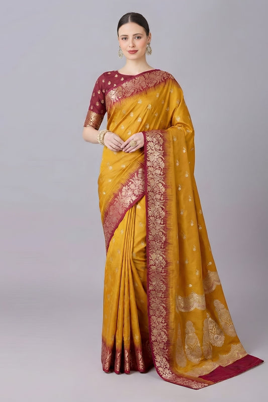 Grateful Mustard Yellow Banarasi Silk Saree Zari Weaving for Women